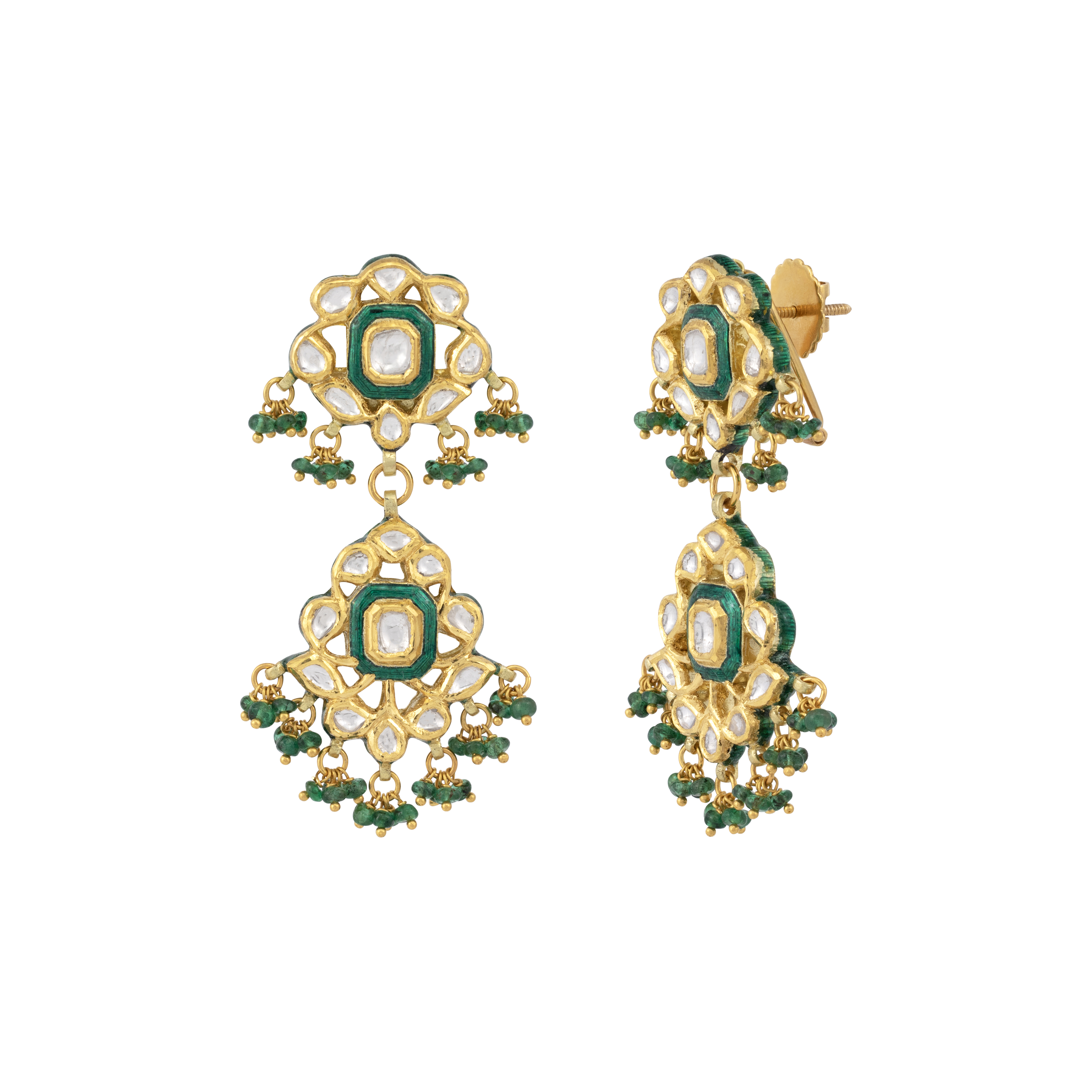 Double-Tier Polki Earrings with Green Meenakari